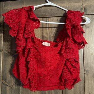 Altar'd State Red Eyelet Cropped Ruffle Blouse